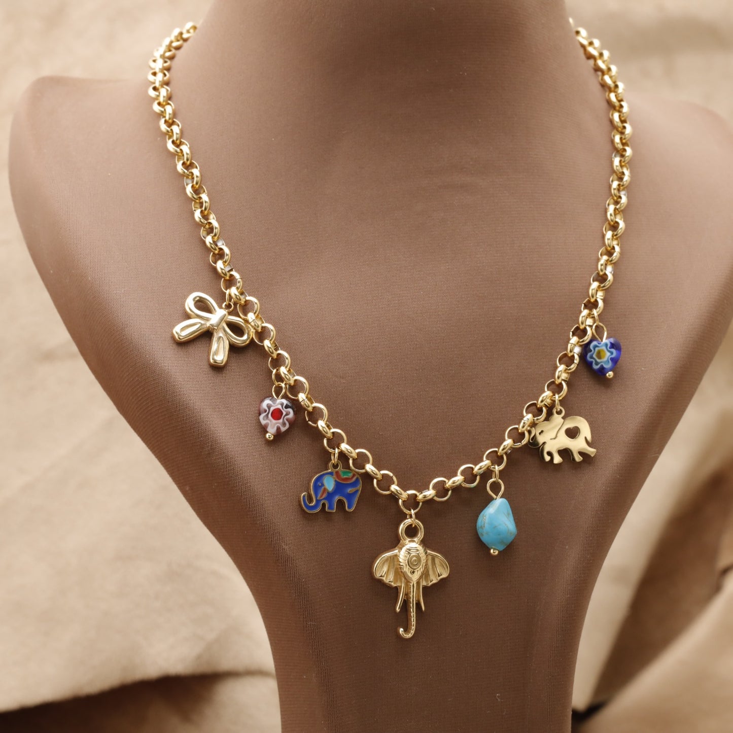 Gold Elephant Charm Necklace with Bow Flower & Turquoise Stone K4