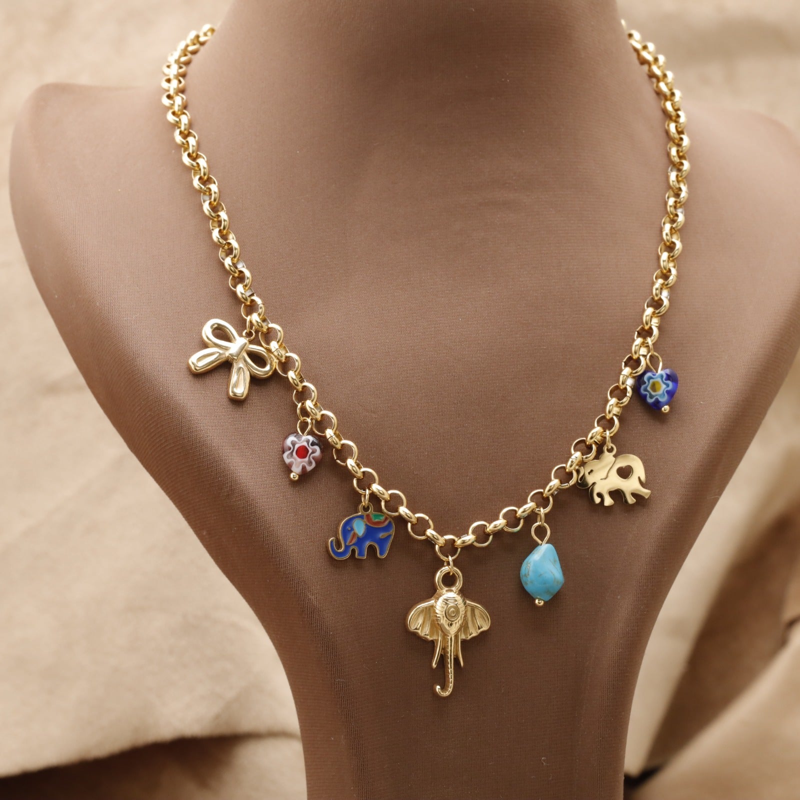 Gold Elephant Charm Necklace with Bow Flower & Turquoise Stone K4