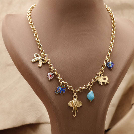 Gold Elephant Charm Necklace with Bow Flower & Turquoise Stone K4