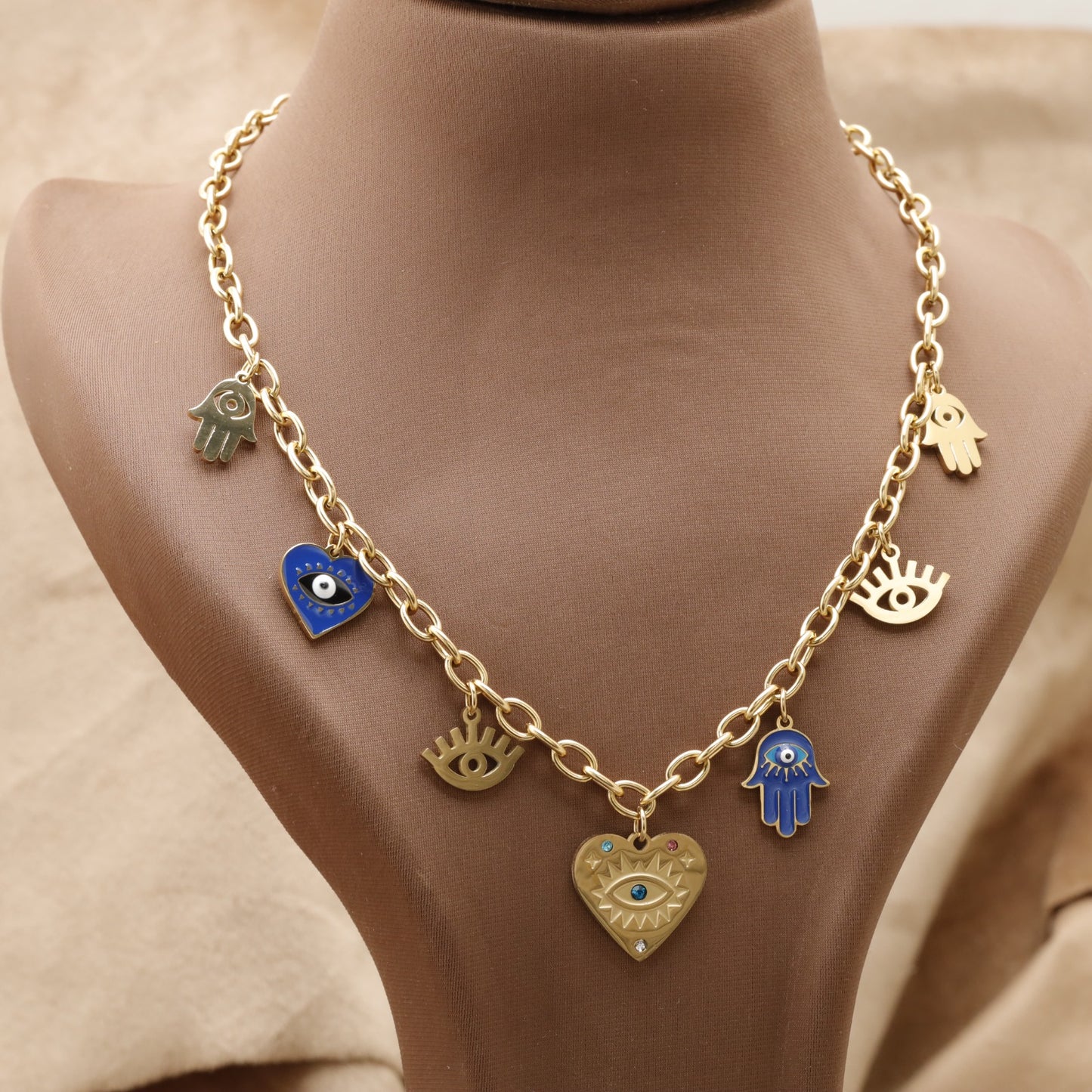 Gold Evil Eye & Hamsa Charm Necklace with Heart & Crystal K5
