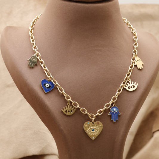 Gold Evil Eye & Hamsa Charm Necklace with Heart & Crystal K5