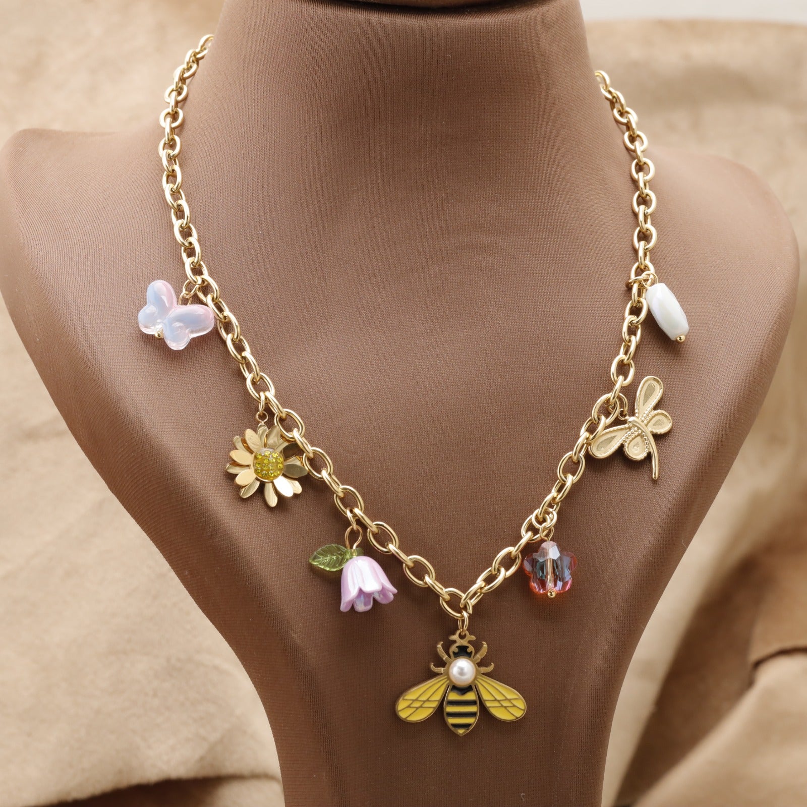 Gold Garden Charm Necklace with Bee Butterfly Daisy & Flower K6