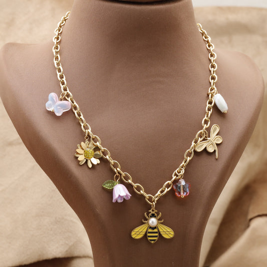 Gold Garden Charm Necklace with Bee Butterfly Daisy & Flower K6