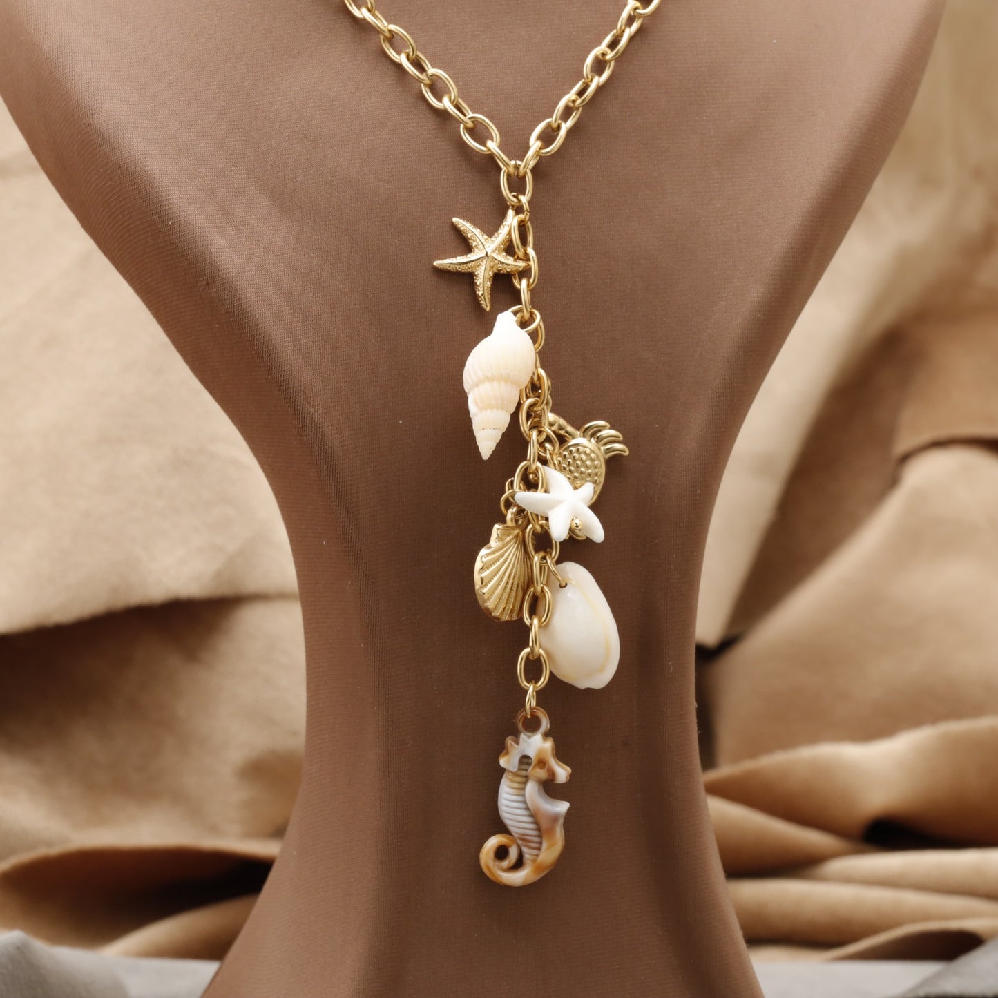 Gold Ocean Lariat Necklace with Seahorse Shell Starfish & Scallop K7