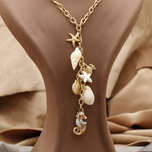 Gold Ocean Lariat Necklace with Seahorse Shell Starfish & Scallop K7