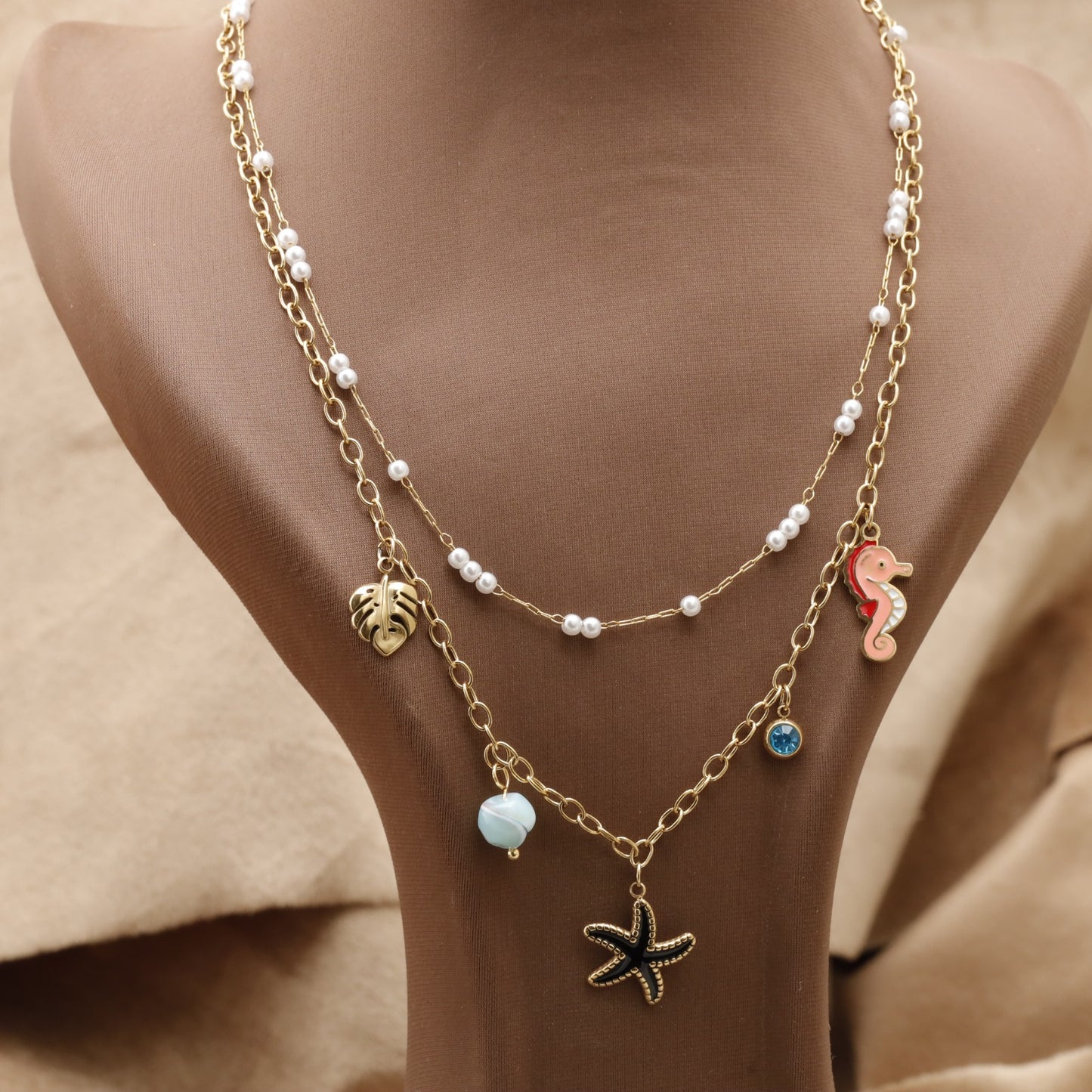 Gold Double Layer Pearl & Ocean Charm Necklace with Seahorse Starfish & Leaf K8