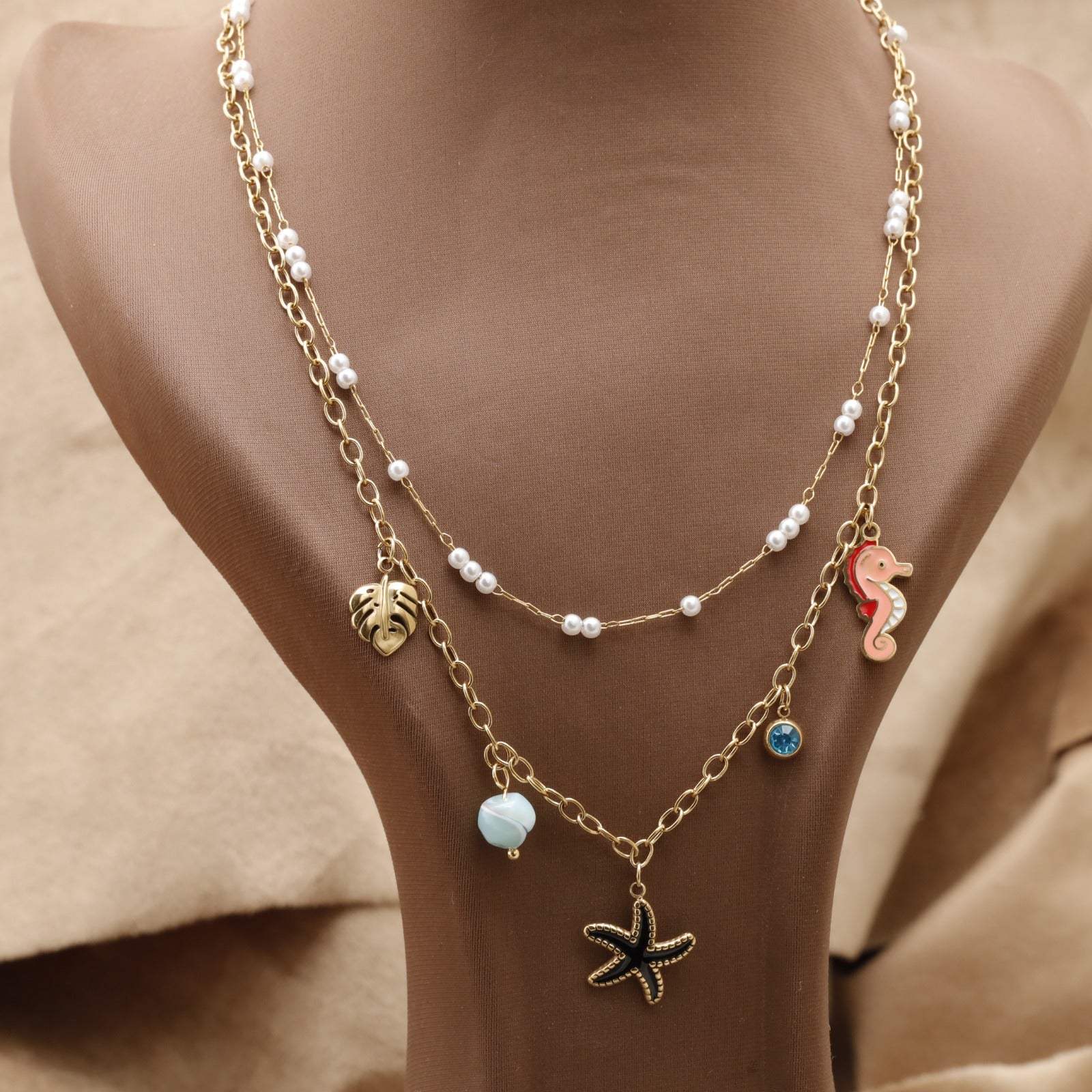 Gold Double Layer Pearl & Ocean Charm Necklace with Seahorse Starfish & Leaf K8