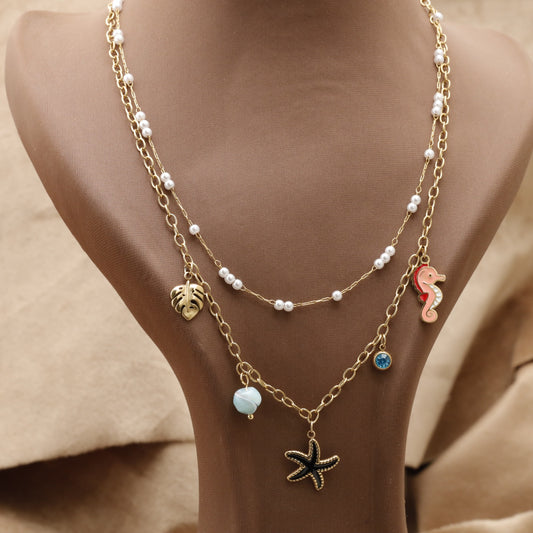 Gold Double Layer Pearl & Ocean Charm Necklace with Seahorse Starfish & Leaf K8