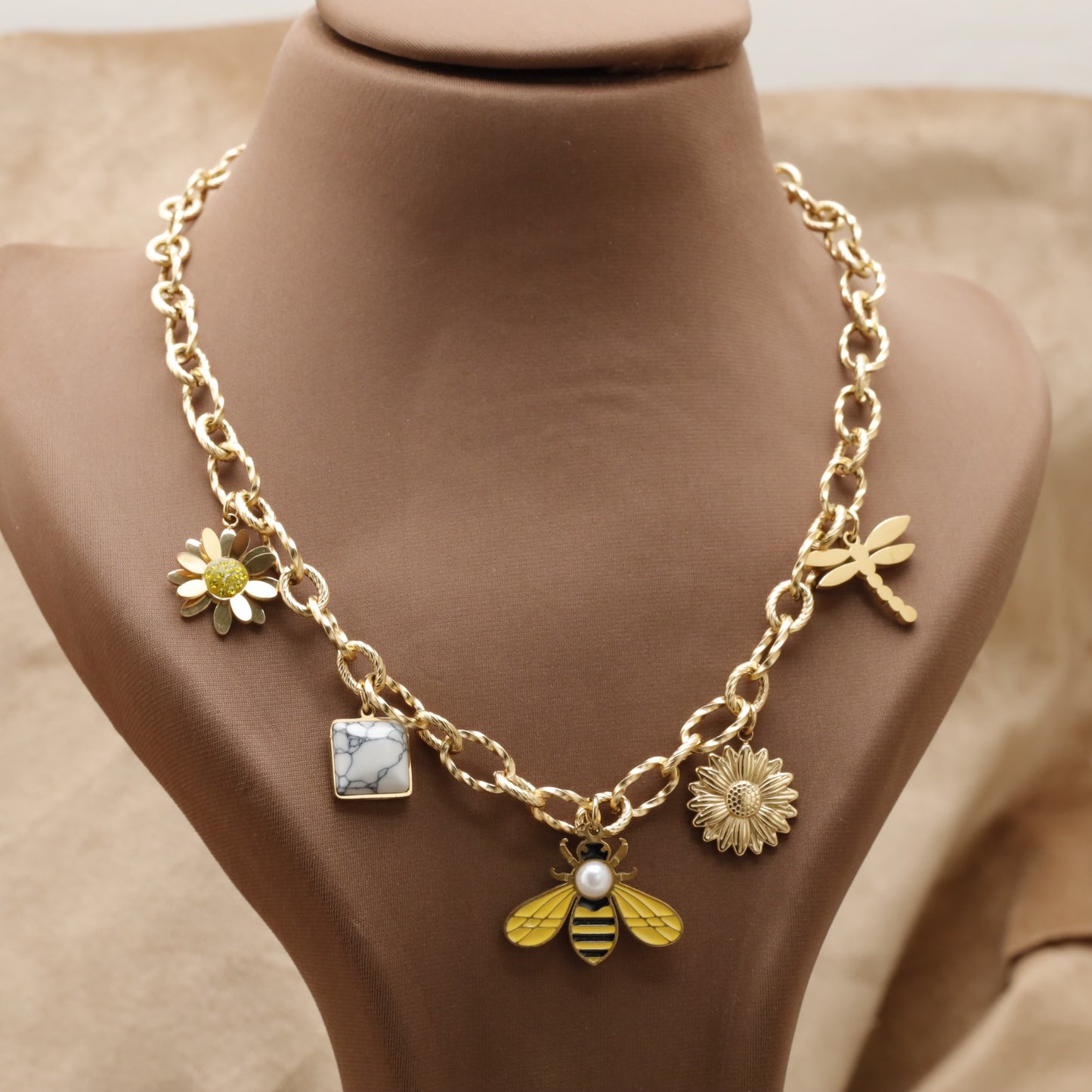 Gold Garden Charm Necklace with Bee Dragonfly Daisy Sunflower & Marble Stone K11