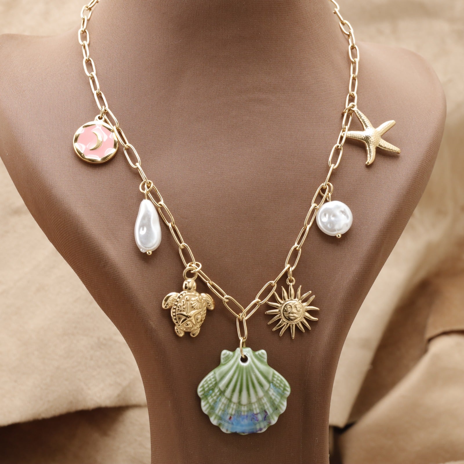 Gold Celestial Ocean Charm Necklace with Shell Turtle Sun Moon Starfish & Pearl K12