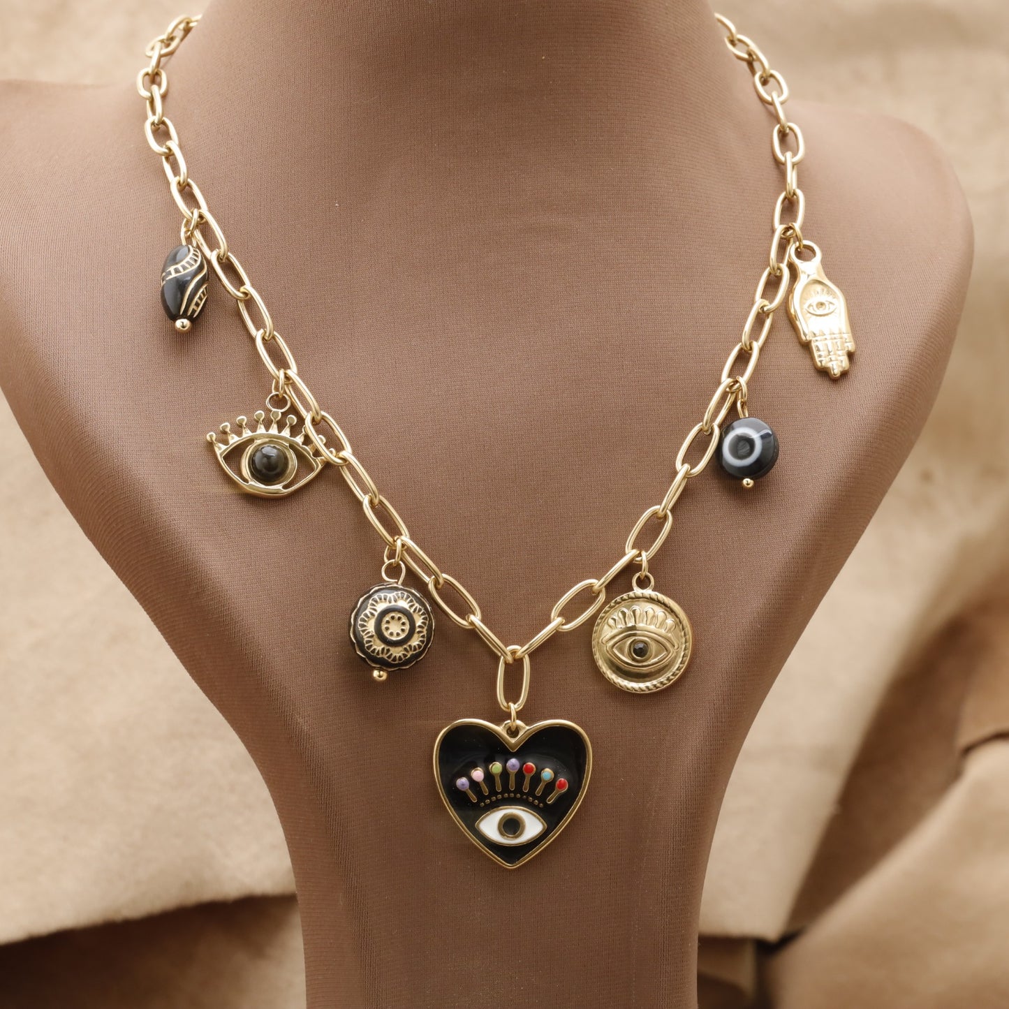 Gold Evil Eye Charm Necklace – عقد عين وخمسة