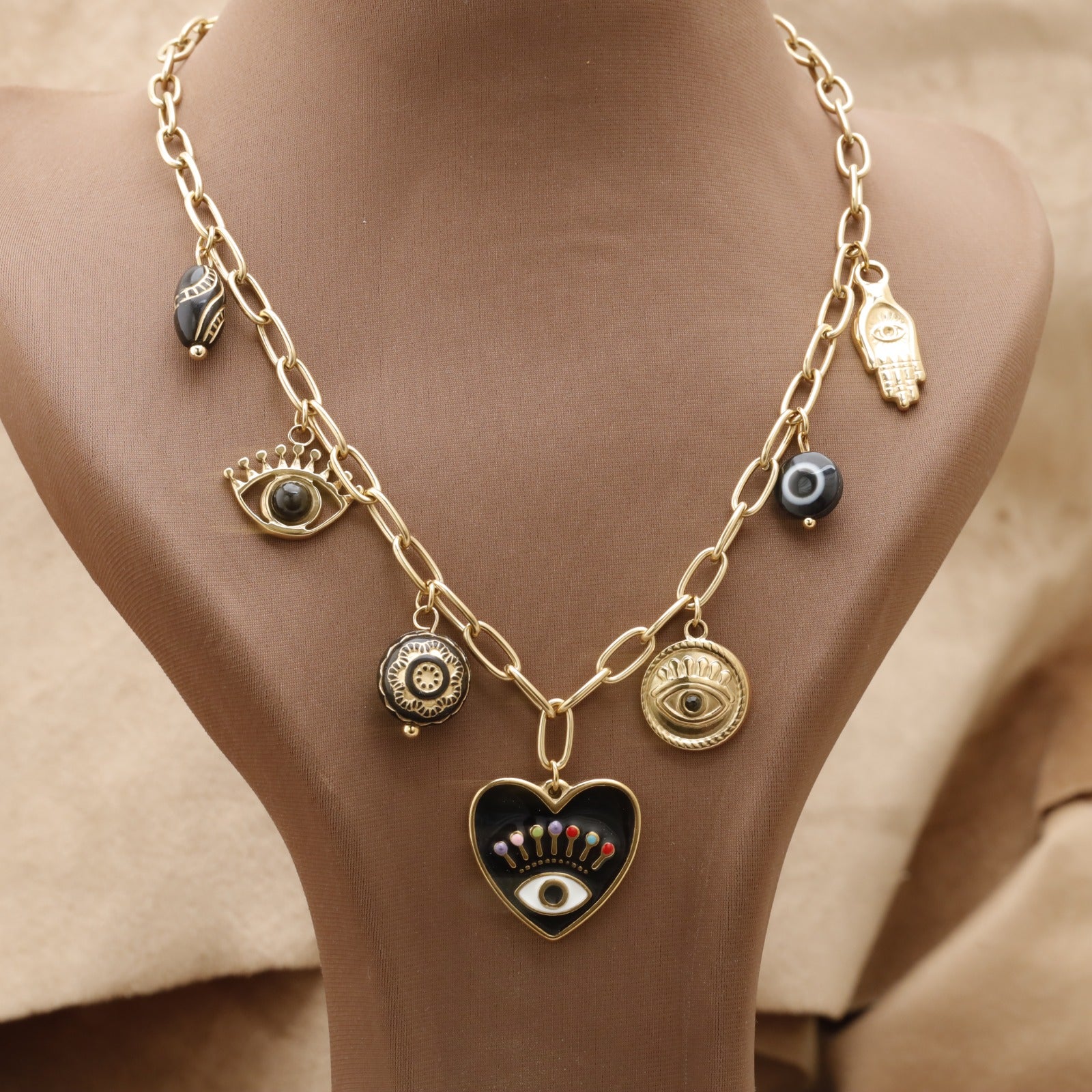 Gold Evil Eye Charm Necklace – عقد عين وخمسة