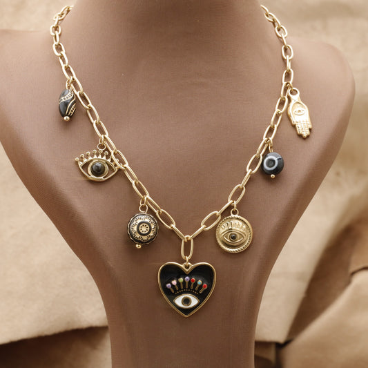 Gold Evil Eye Charm Necklace – عقد عين وخمسة