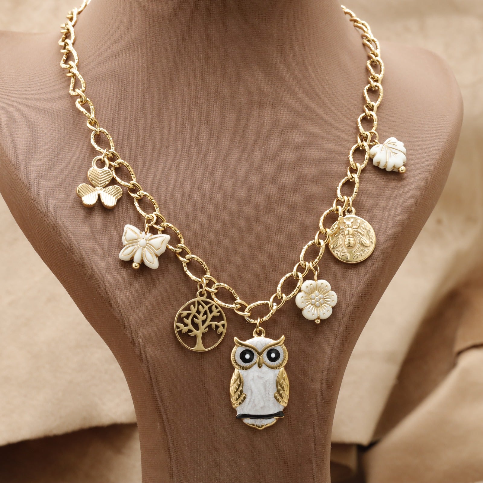 Gold Owl Charm Necklace – عقد بومة وشجرة الحياة