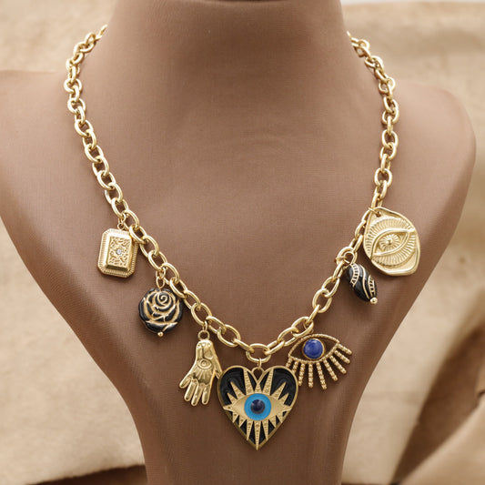 Gold Evil Eye Heart Charm Necklace KAR21 – عقد عين وقلب ذهبي