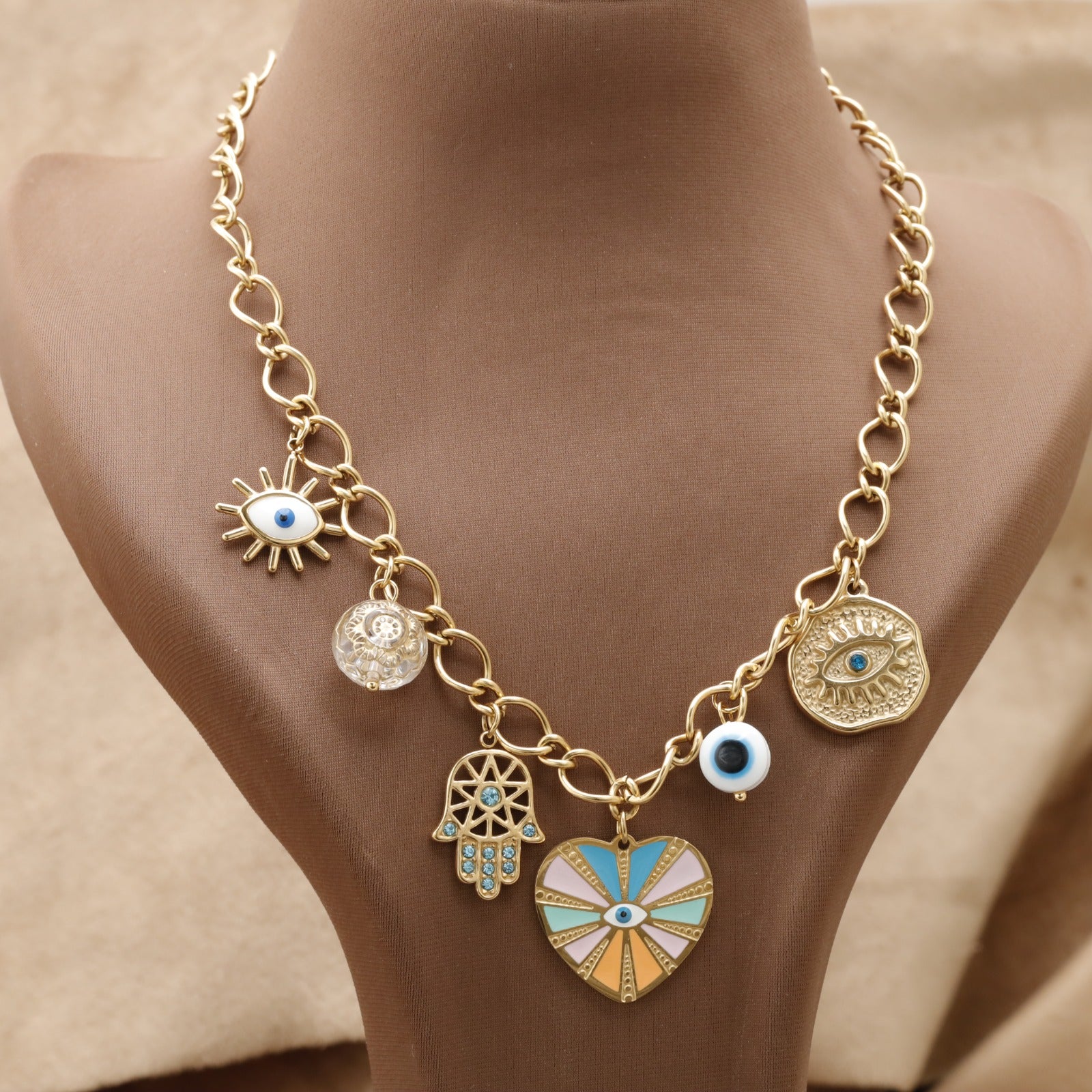 Gold Evil Eye Hamsa Charm Necklace KAR22 – عقد عين وخمسة ملونة