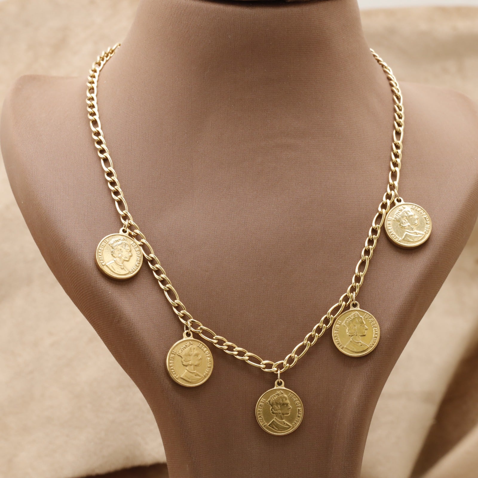 Gold Multi Coin Charm Necklace KAR24 – عقد عملات ذهبي