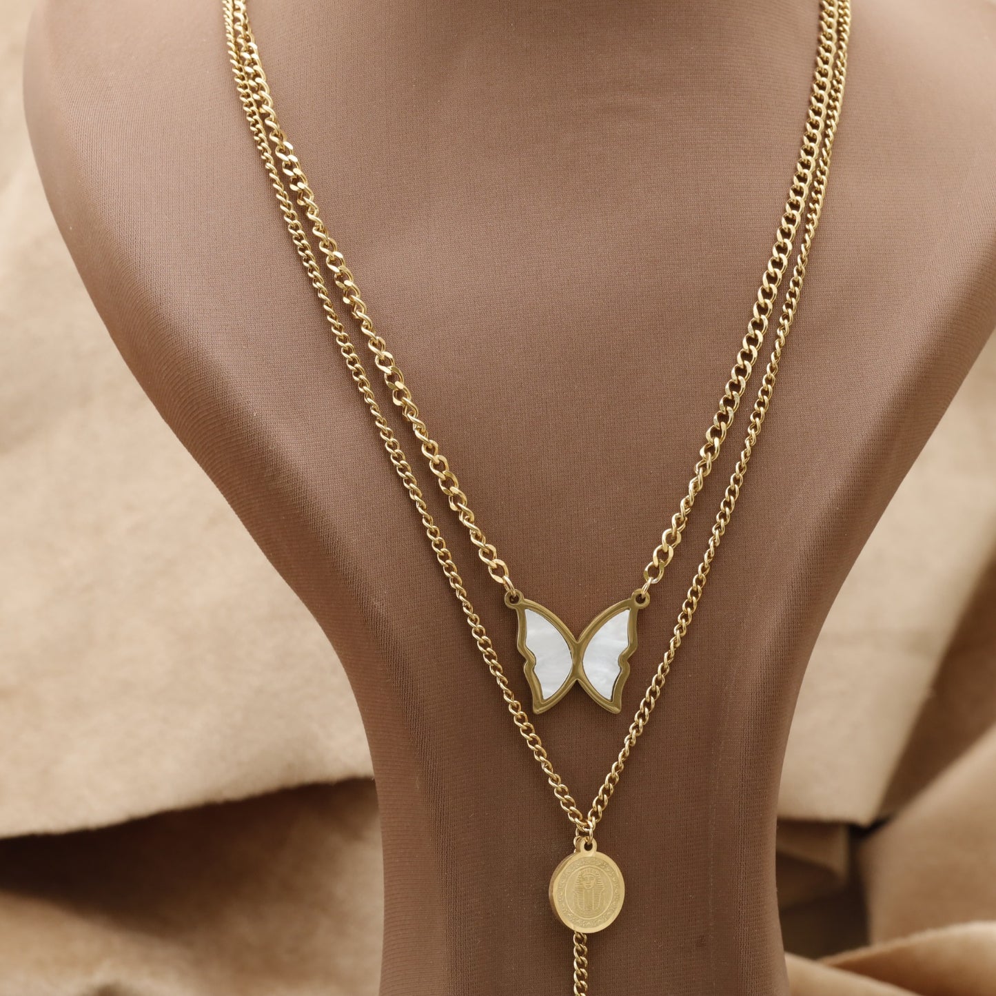 Gold Layered Butterfly & Coin Necklace KAR26 – عقد فراشة صدف مزدوج