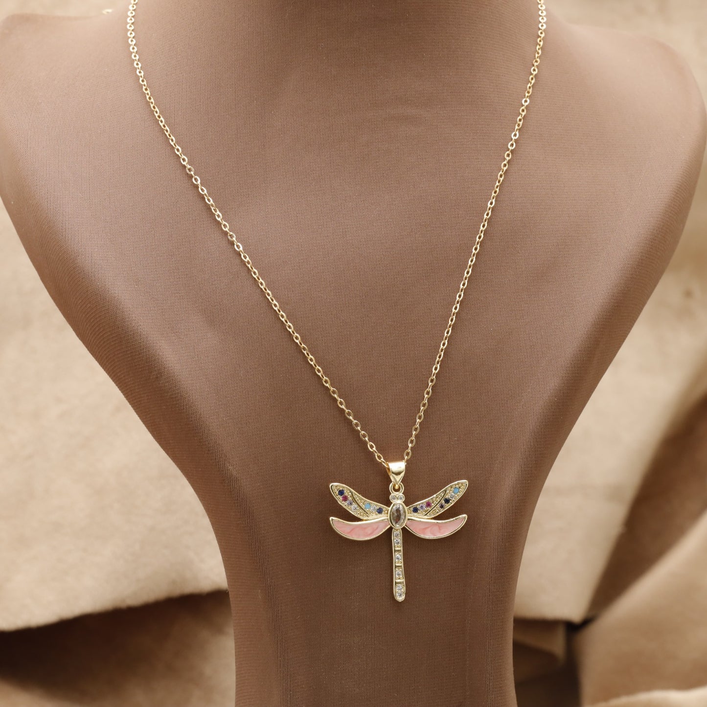 Gold Dragonfly Crystal Necklace KAR31 – عقد يعسوبة كريستال ومينا