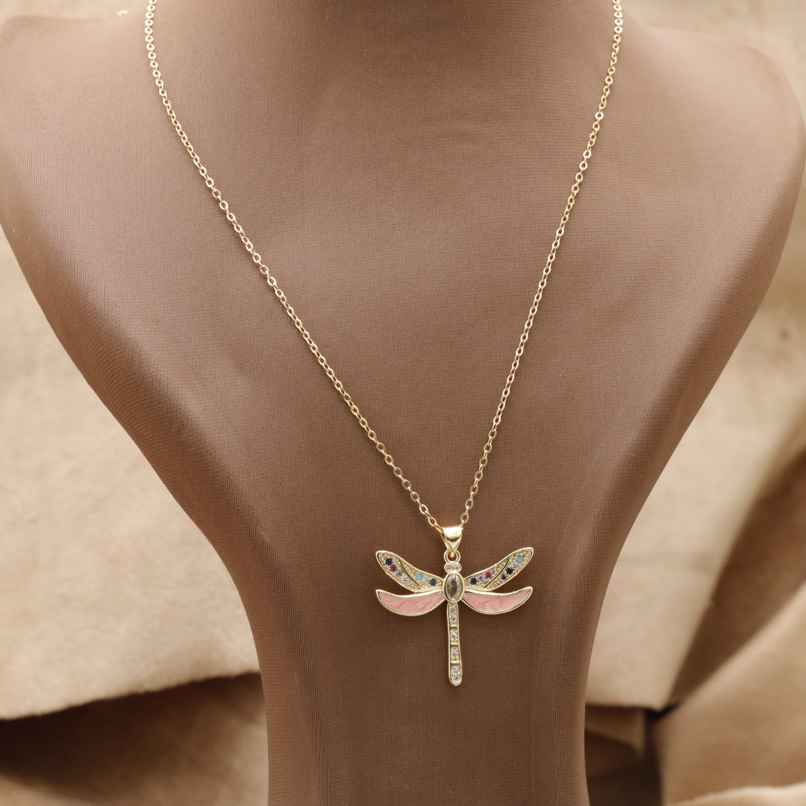 Gold Dragonfly Crystal Necklace KAR31 – عقد يعسوبة كريستال ومينا