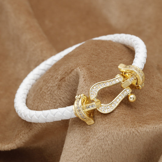 White Braided Leather Bracelet Gold Crystal Clasp B99 – إسوارة جلد أبيض بكريستال