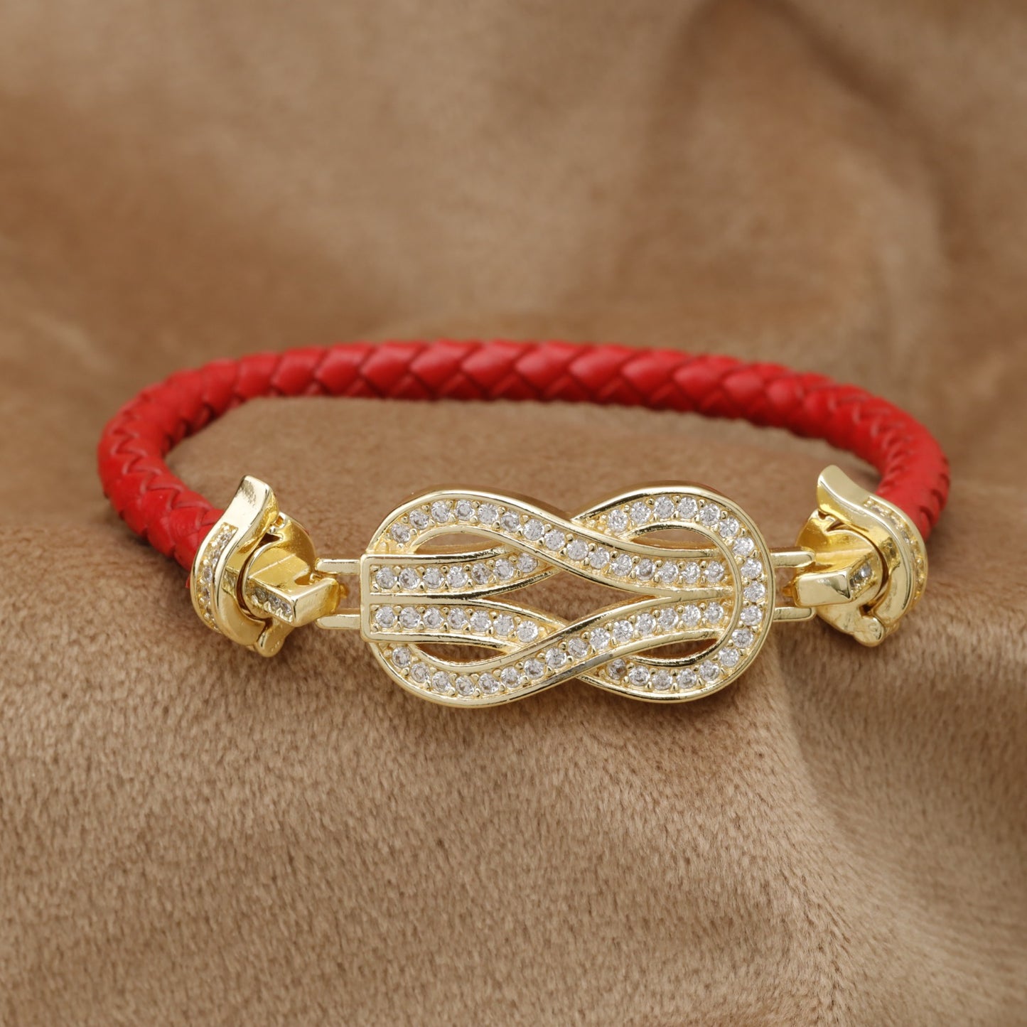 Red Braided Leather Bracelet Gold Crystal Infinity Clasp KAR36 – إسوارة جلد أحمر بكريستال