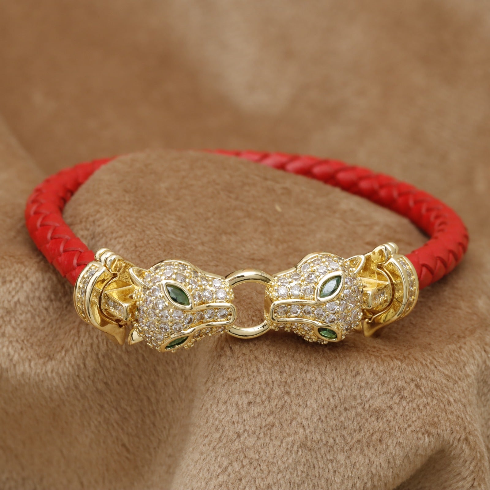Red Braided Leather Bracelet Gold Double Panther Head Crystal Clasp KAR39 – إسوارة جلد أحمر فهد