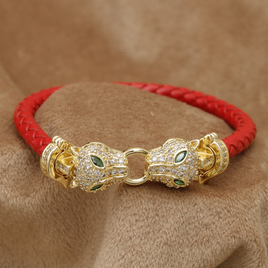Red Braided Leather Bracelet Gold Double Panther Head Crystal Clasp KAR39 – إسوارة جلد أحمر فهد