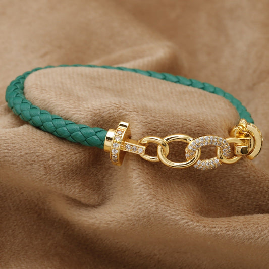Teal Braided Leather Bracelet Gold Crystal Chain Link Clasp KAR48 – إسوارة جلد أخضر سلسلة
