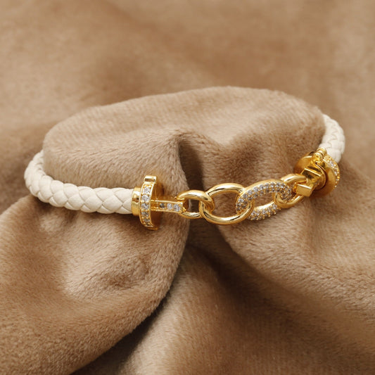 White Braided Leather Bracelet Gold Crystal Chain Link Clasp KAR49 – إسوارة جلد أبيض سلسلة