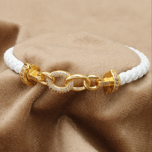 White Braided Leather Bracelet Gold Crystal Chain Link H Clasp KAR54 – إسووارة جلد أبيض سلسلة