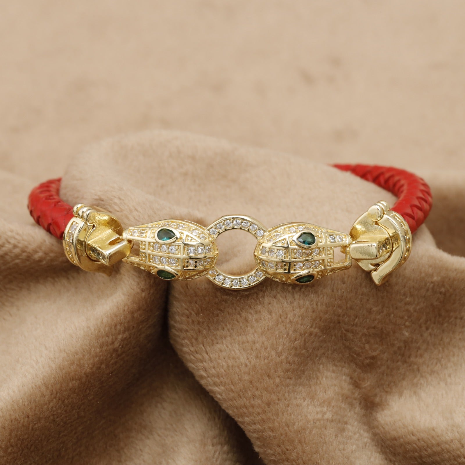 Red Braided Leather Bracelet Gold Double Panther Head Crystal Ring Clasp KAR61 – إسوارة جلد أحمر فهد