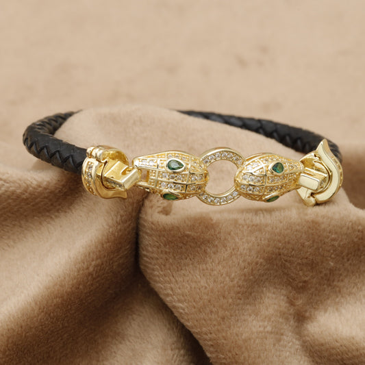 Black Braided Leather Bracelet Gold Double Panther Head Crystal Ring Clasp KAR62 – إسوارة جلد أسود فهد