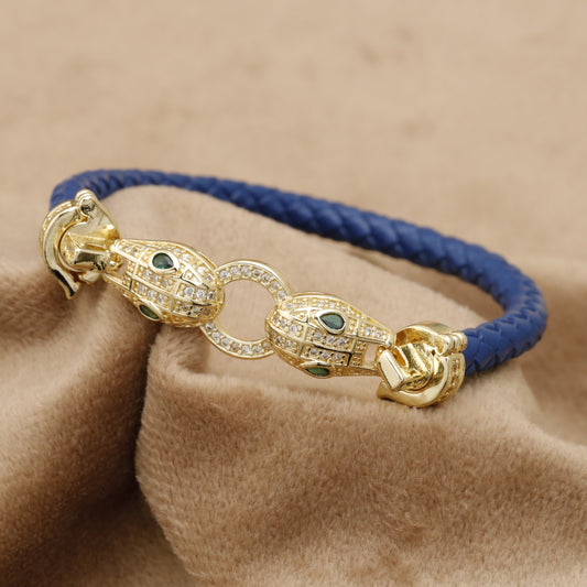 Blue Braided Leather Bracelet Gold Double Panther Head Crystal Ring Clasp KAR63 – إسوارة جلد أزرق فهد