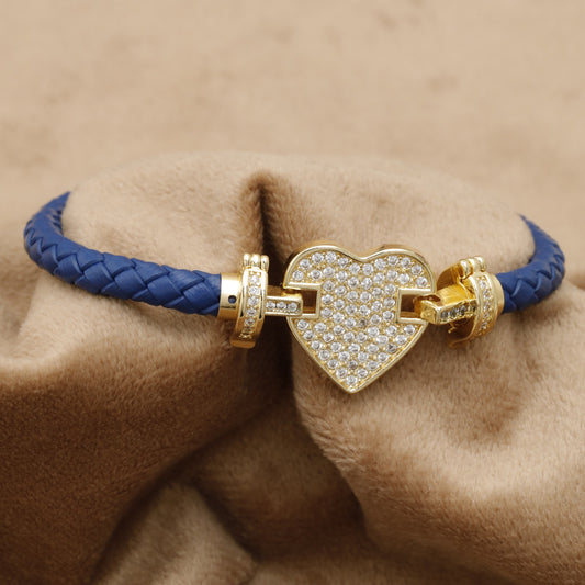 Blue Braided Leather Bracelet Gold Crystal Heart Clasp KAR65 – إسوارة جلد أزرق قلب