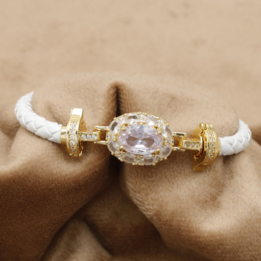 White Braided Leather Bracelet Gold Large Oval Crystal Clasp KAR66 – إسوارة جلد أبيض حجر بيضاوي