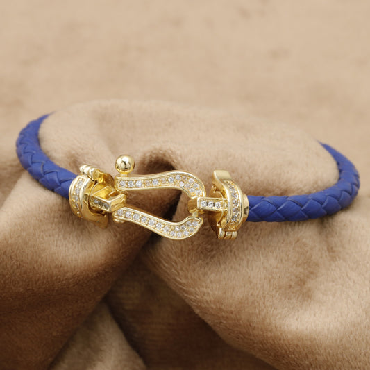 Blue Braided Leather Bracelet Gold Crystal Horseshoe Clasp KAR68 – إسوارة جلد أزرق حدوة