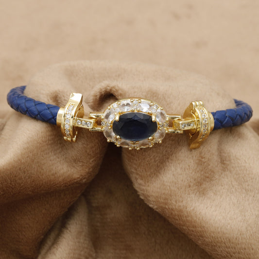 Blue Braided Leather Bracelet Gold Sapphire White Crystal Oval Clasp KAR69 – إسوارة جلد أزرق سافير