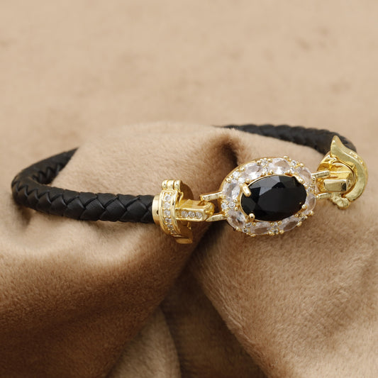 Black Braided Leather Bracelet Gold Black Onyx White Crystal Oval Clasp KAR70 – إسوارة جلد أسود عقيق