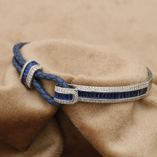 Blue Braided Leather Bracelet Silver Sapphire Baguette Crystal Bar Clasp KAR71 – إسوارة جلد أزرق سافير فضي