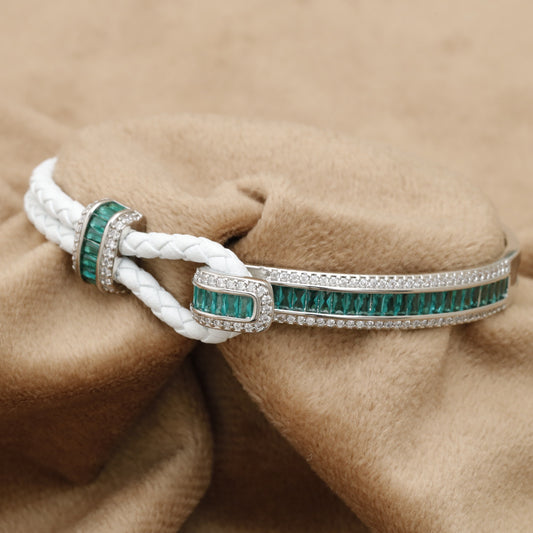White Braided Leather Bracelet Silver Emerald Baguette Crystal Bar Clasp KAR73 – إسوارة جلد أبيض زمرد فضي