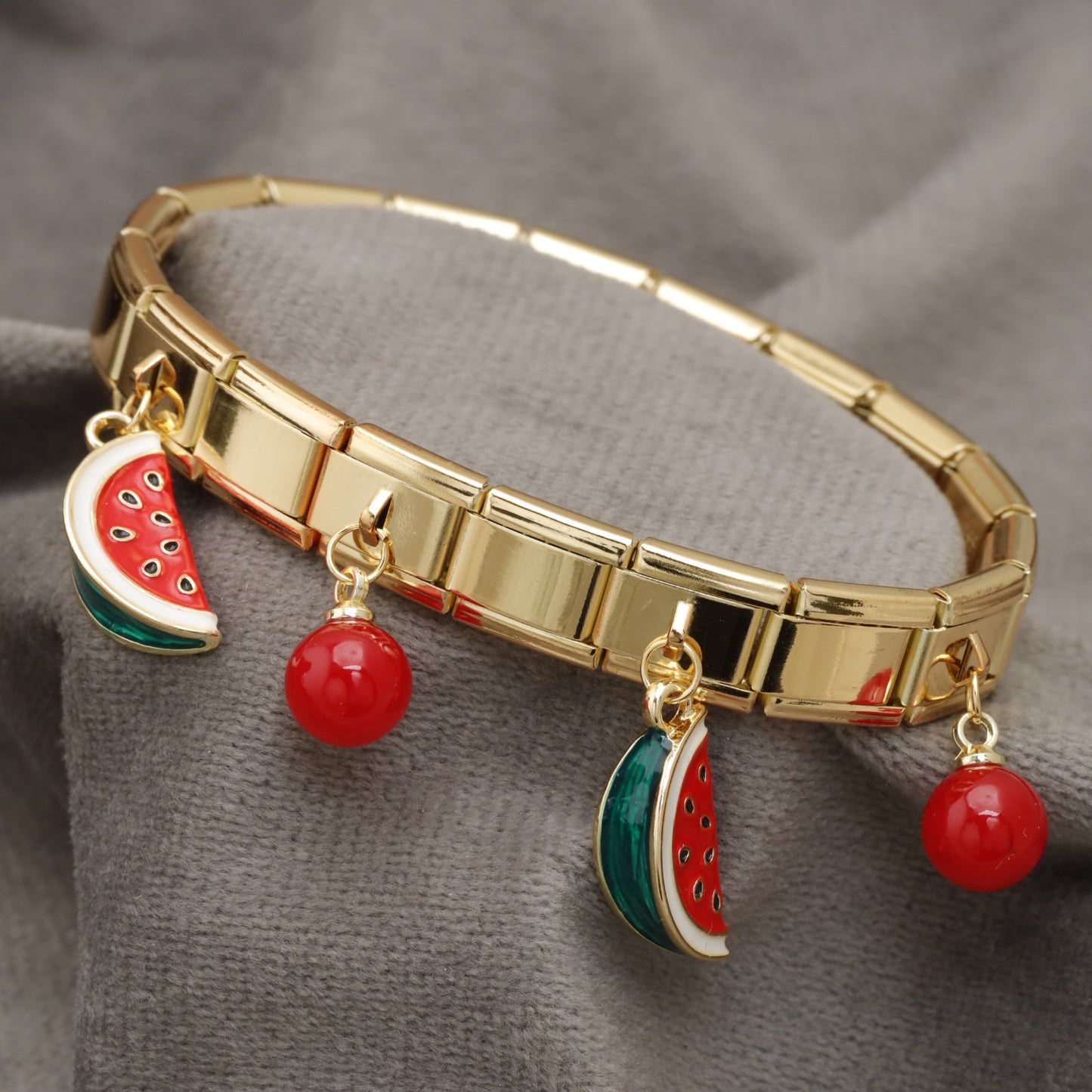 Gold Italian Charm Bracelet – Watermelon Enamel Charms | KAR47