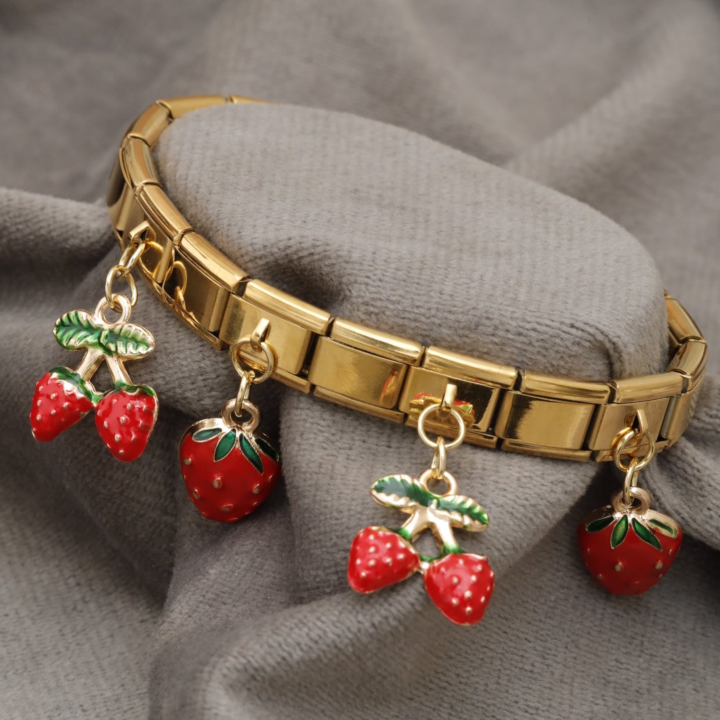 Gold Italian Charm Bracelet – Strawberry & Cherry Enamel Charms | KAR44