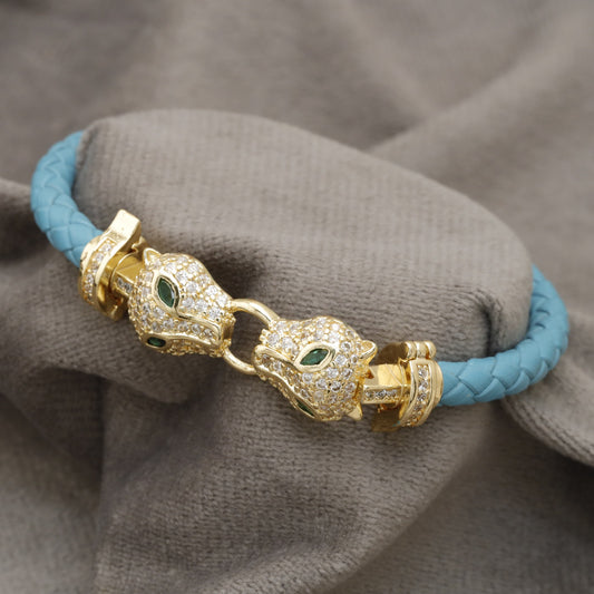 Light Blue Braided Leather Bracelet – Gold Double Panther Head & Emerald Eye Crystal Ring Clasp | KAR77