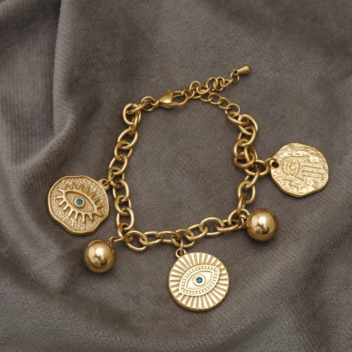 Gold Evil Eye and Hamsa Medallion Bracelet KAR98