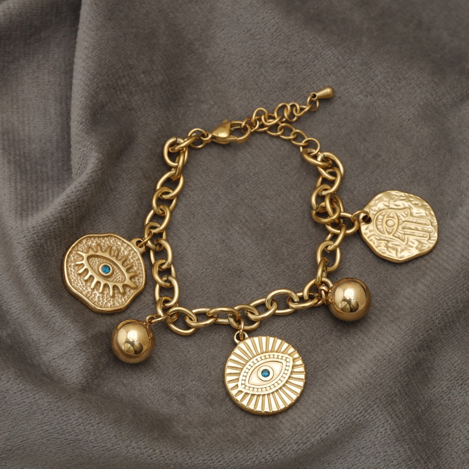 Gold Evil Eye and Hamsa Medallion Bracelet KAR98